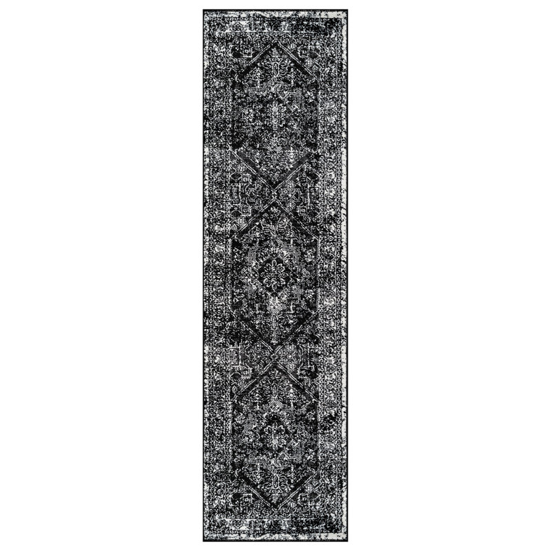 Tapis noir ivoire rétro à médaillon, Tapis de couloir 2 pi 2 po x 12 pi
