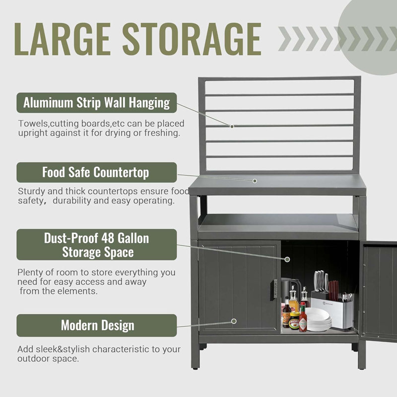 Îlot de cuisine extérieur avec rangement, îlot de rangement en aluminium avec fixation murale, armoire de rangement pour barbecue autoportante avec housse de protection pour barbecue, terrasse, patio, cour arrière