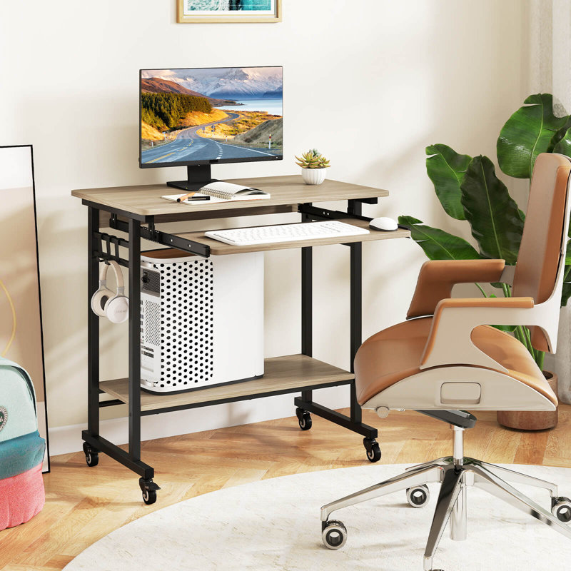 Mobile Laptop Desk with Keyboard Tray, Lower Shelf, 3 Hooks, 4 Universal Wheels Gray, Gray/Black