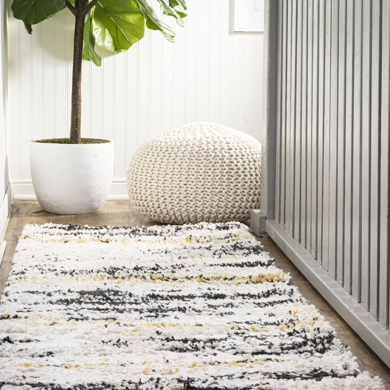 Tapis beige / noir / jaune à poils longs Jubei Modern Bold Strie, Tapis de couloir 2 pi 3 po x 8 pi