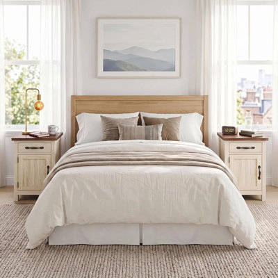 Table d'appoint à plateau rabattable (2 pièces) avec poste de recharge, tiroir et garde-robe, station de recharge intégrée | Rangement dissimulé sous le plateau rabattable | Passe-câbles | Style campagnard bicolore | Pieds robustes en bois, noyer