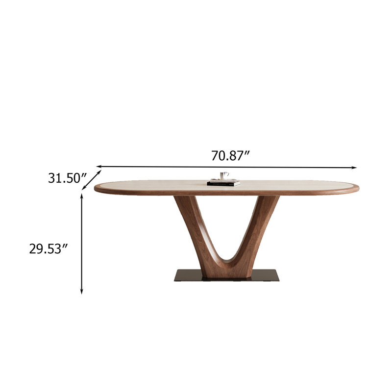 Table de salle à manger moderne minimaliste ovale avec supports en forme de V et plateau en pierre frittée