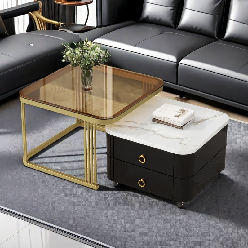 2-In-1 Square Nesting Coffee Table With Wheels & Drawers, Stackable Side Table With High Gloss Marble Grain Top, End Table Set With Brown Tempered Glass For Living Room