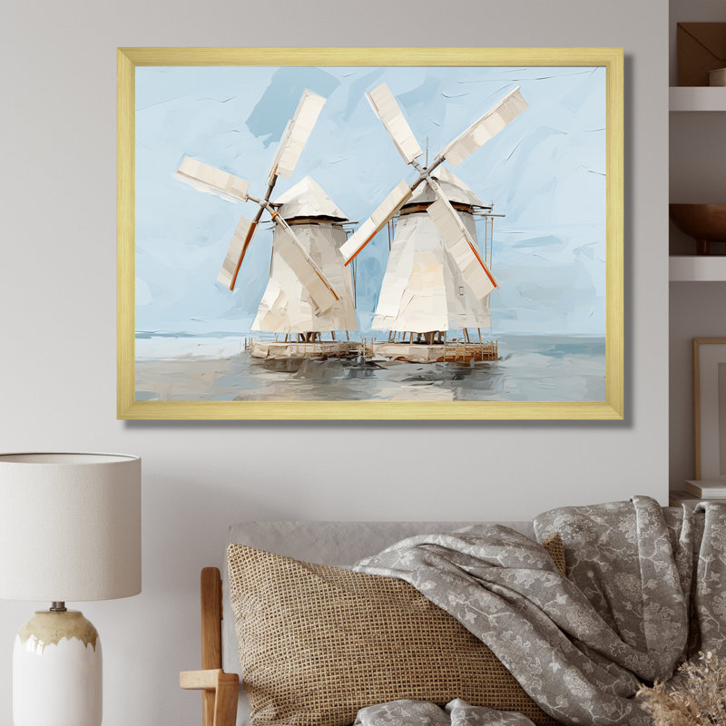 Gray Minimalist Windmills - Wind Turbines, art mural, Cadre doré à coins fermés, H 16 po x l 32 po x P 1 po