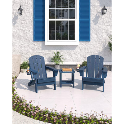 Chaise Adirondack pliante, chaise de patio extérieure en PEHD avec porte-gobelet, bois texturé résistant aux intempéries pour la terrasse