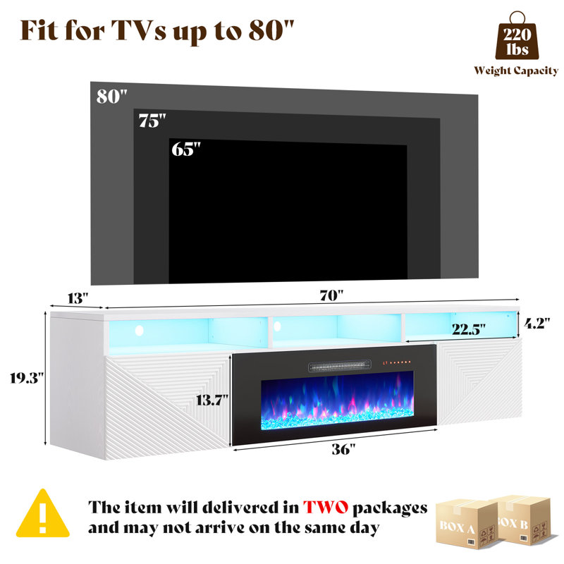  Meuble télé avec foyer 70 po Bhhatu, Blanc/Noir, 70"