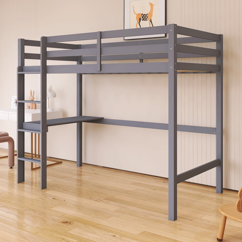 Wood Frame Twin Size High Loft Bed With Safety Guardrail And Built-In Desk, Gray