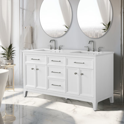 Tiosha 60" Double Bathroom Vanity In White With Engineered Stone Top