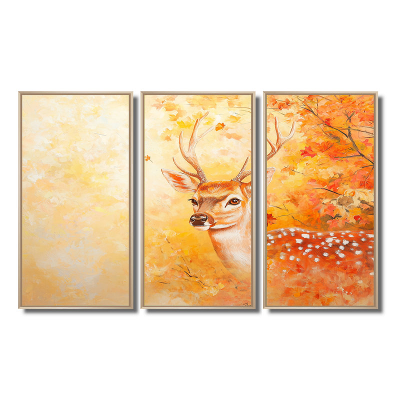 Cerf dans un feuillage d'automne - ensemble d'art mural cerf, H 32 po x l 48 po, Reproduction avec cadre flottant, Naturel