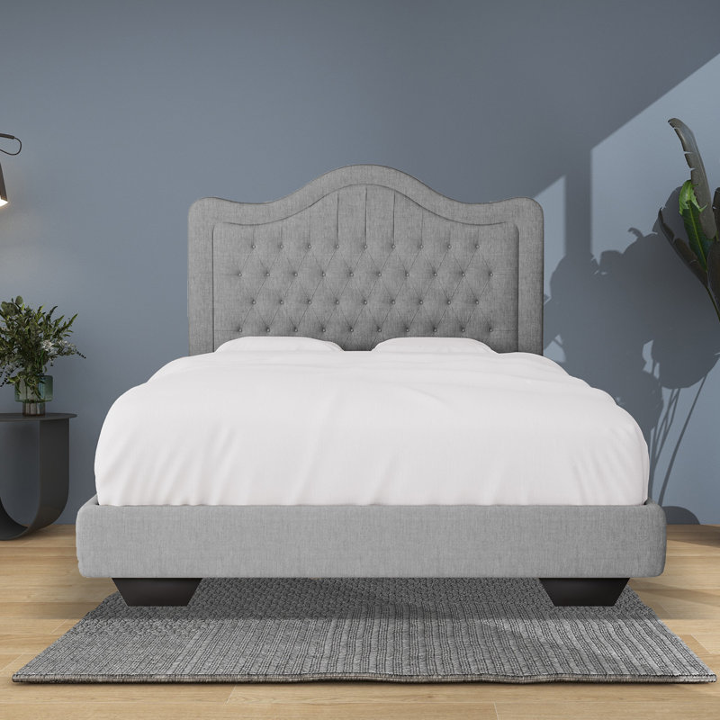 Structure de lit rembourrée en tissu avec tête de lit réglable, support à lattes de bois, lit plateforme capitonné, Gris