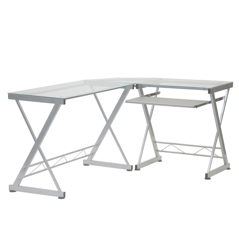 Techni Mobili L-Shaped Tempered Glass Top Computer Desk With Pull Out Keyboard Panel