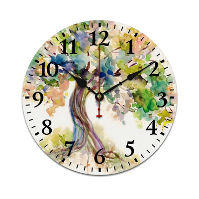 Watercolor Tree Round Decor Wall Clock for Powder Room Outdoor Gallery 12in x 12in