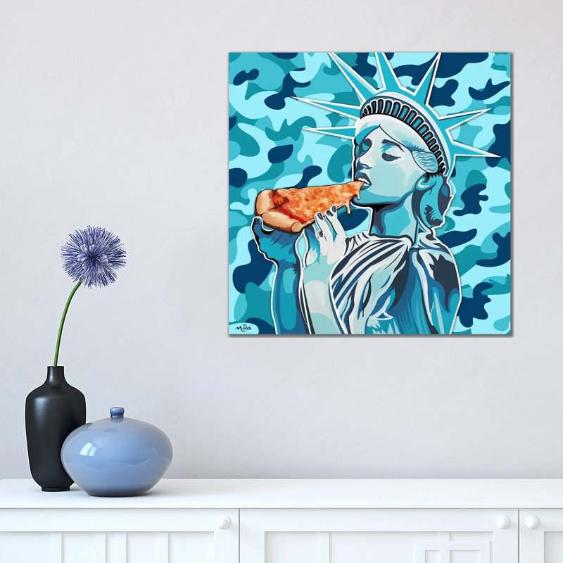 Liberty pizza-imprimé carré bleu, H 18 po x l 18 po x 1,5 po, Toile tendue, Pas de tapis