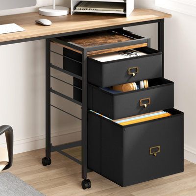 Classeur mobile 26,3 pouces à 3 tiroirs en noir rustique - Rangement sous le bureau pour dossiers A4. Idéal pour le bureau à domicile (15,7 x 15,7 x 26,4 po)