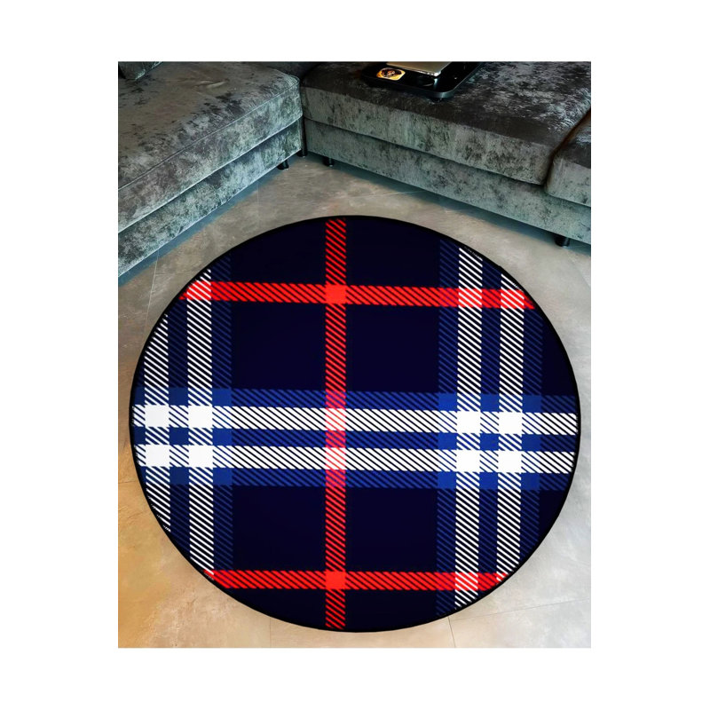 Tapis décoratif tissé à motif écossais bleu marine et rouge, Rond 3 pi 4 po