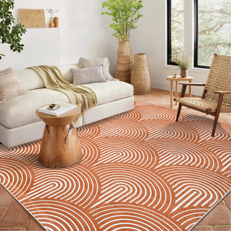 Jiayan Washable Geometric Machine Woven Polyester Area Rug in Orange, Rectangle 8' x 10'