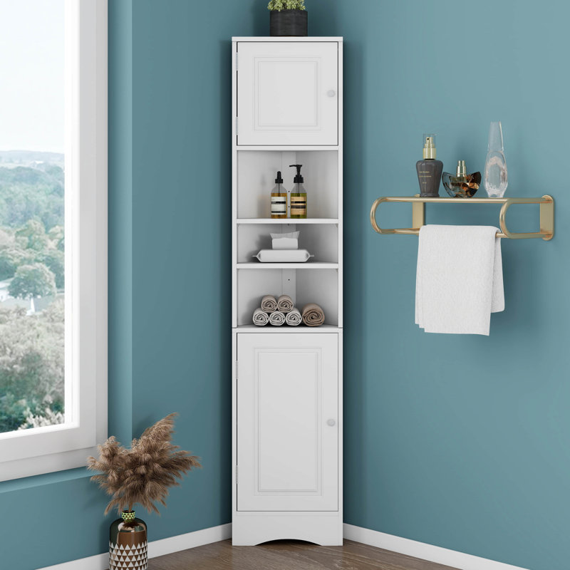 Armoire de rangement d'angle, haute avec 2 portes et 3 tablettes, tablettes réglables, tablette ouverte pour la salle de bain, la cuisine et le salon