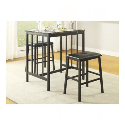 Black Metal Finish 3Pc Counter Height Set Table And 2 Stools, Faux Marble Tabletop, Faux Leather Upholstery, Restaurant Cafe Breakfast Furniture