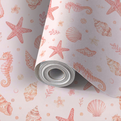 Papier de contact à peler et coller avec coquillage rose étoile de mer océan auto-adhésive et amovible 24 po x 118 po (60 x 300 cm)