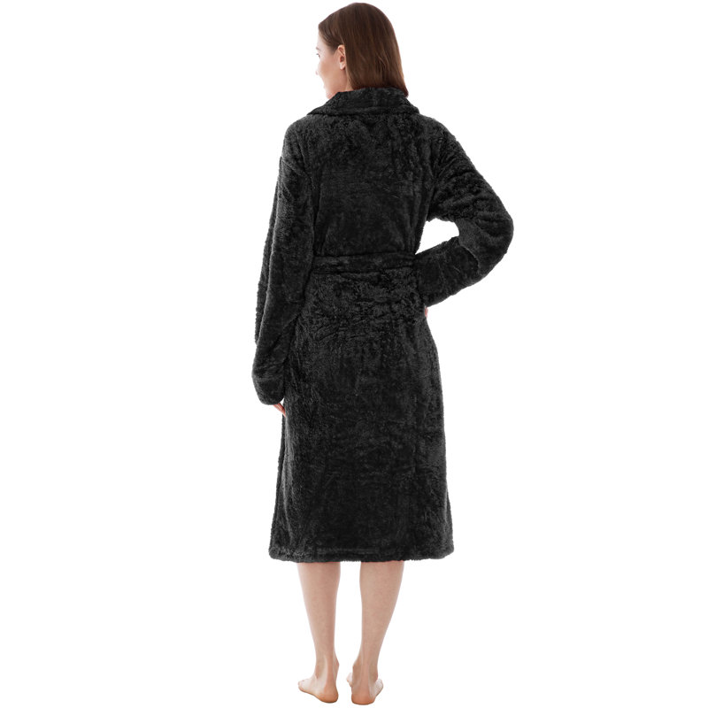 Lamartine Fleece Girl / Woman+ Mid-Calf Bathrobe with Pockets, S, Black