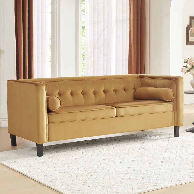 Chelsea 77'' W Mid Century Upholstery Tufted Sofa, Ginger Velvet, Wood Framework