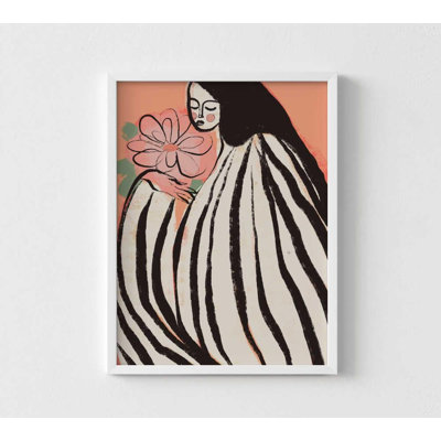Reproduction d'art moderne de femme figurative - robe rayée audacieuse et illustration florale