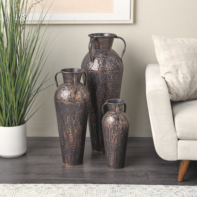 Jazzmun Metal Tall Floor Weathered Amphora Decorative Copper Vase with Hammered Details and Handles Set