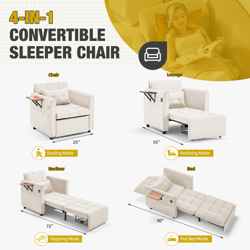 4-In-1 Convertible Sleeper Sofa Bed For Adults – 90" Extra Long Pull-Out Bed With Wing Table, USB Charging & Storage, Beige