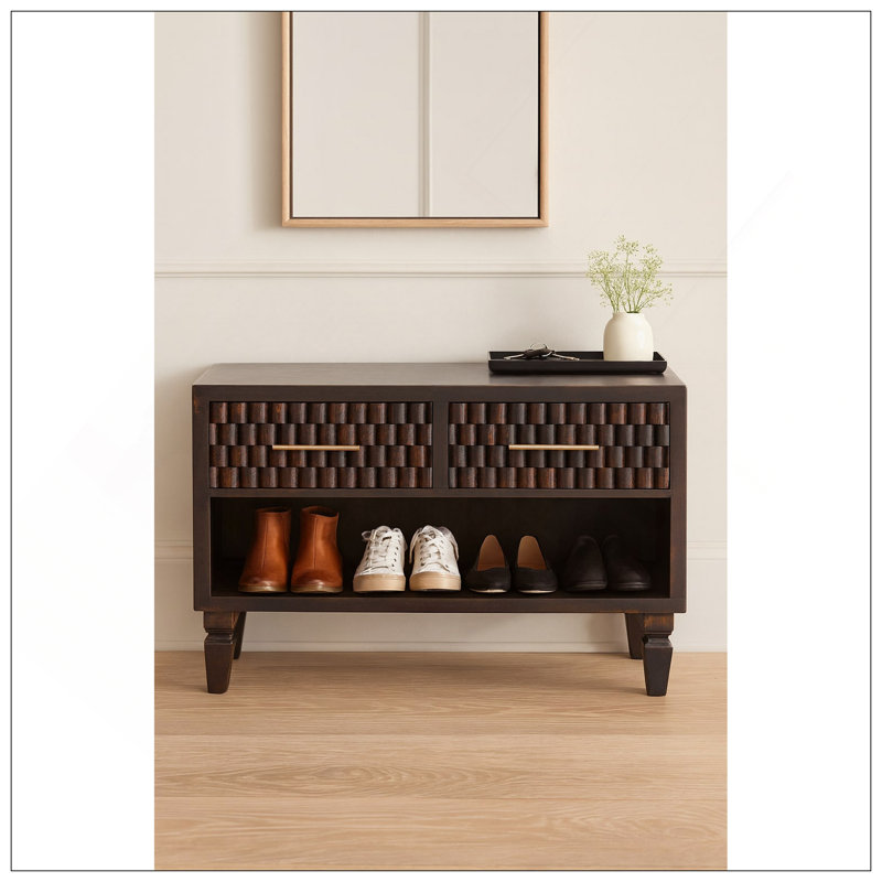 Solid Wood Arno Shoe Storage Unit,Black,2-Drawers,1-Shelf, Brown