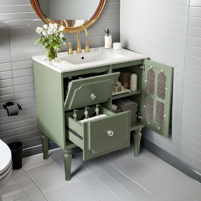 Meuble-lavabo de style rétro avec lavabo en résine 30 po, meuble-lavabo simple autoportant avec 2 tiroirs, armoire de rangement en bois massif, vert