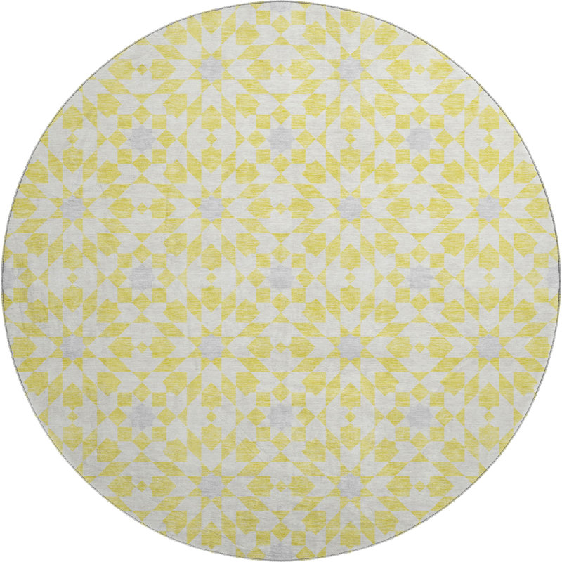 Premium Machine Washable Tweedy Yellow Rug, Round 8'