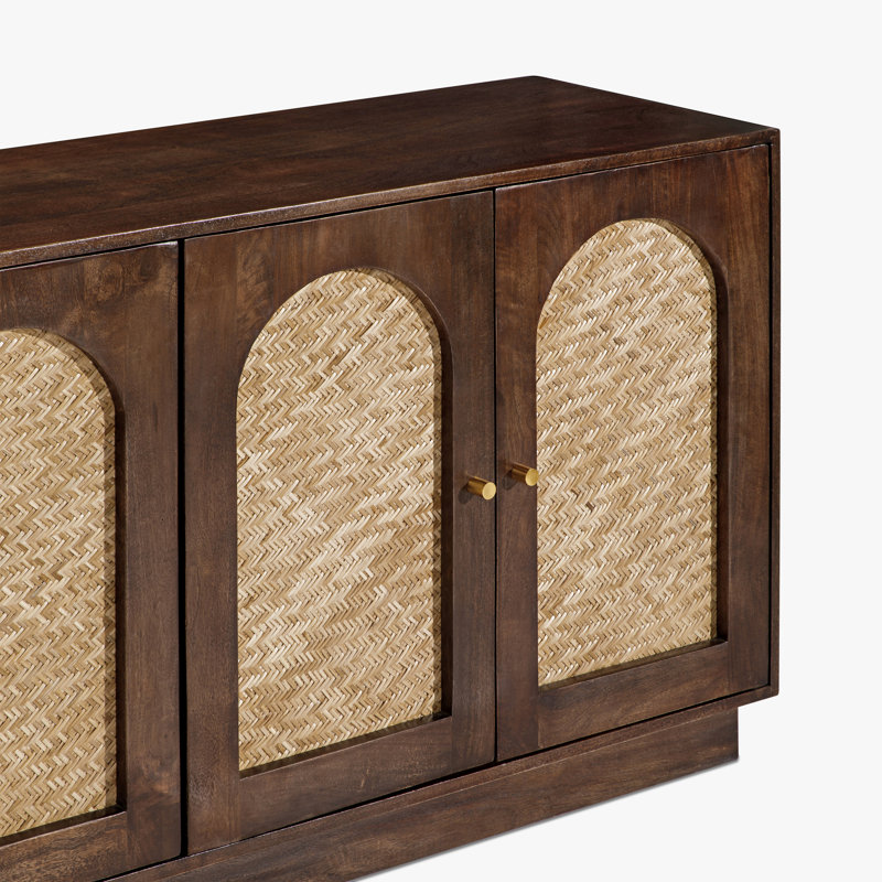 Kota Cane Sideboard with Walnut Color Natural Finish and Woven Doors And Shelves Solid Wood Storage Cabinet