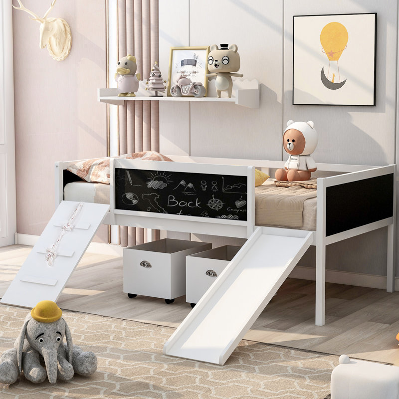 Twin Loft Bed White With Extra Storage. Climbing Frame For Fun And Physical Activity. Solid Pine Wood Long-Term Durability. Double Chalkboard Artistic Exploration Expression. Safe Slide A Great