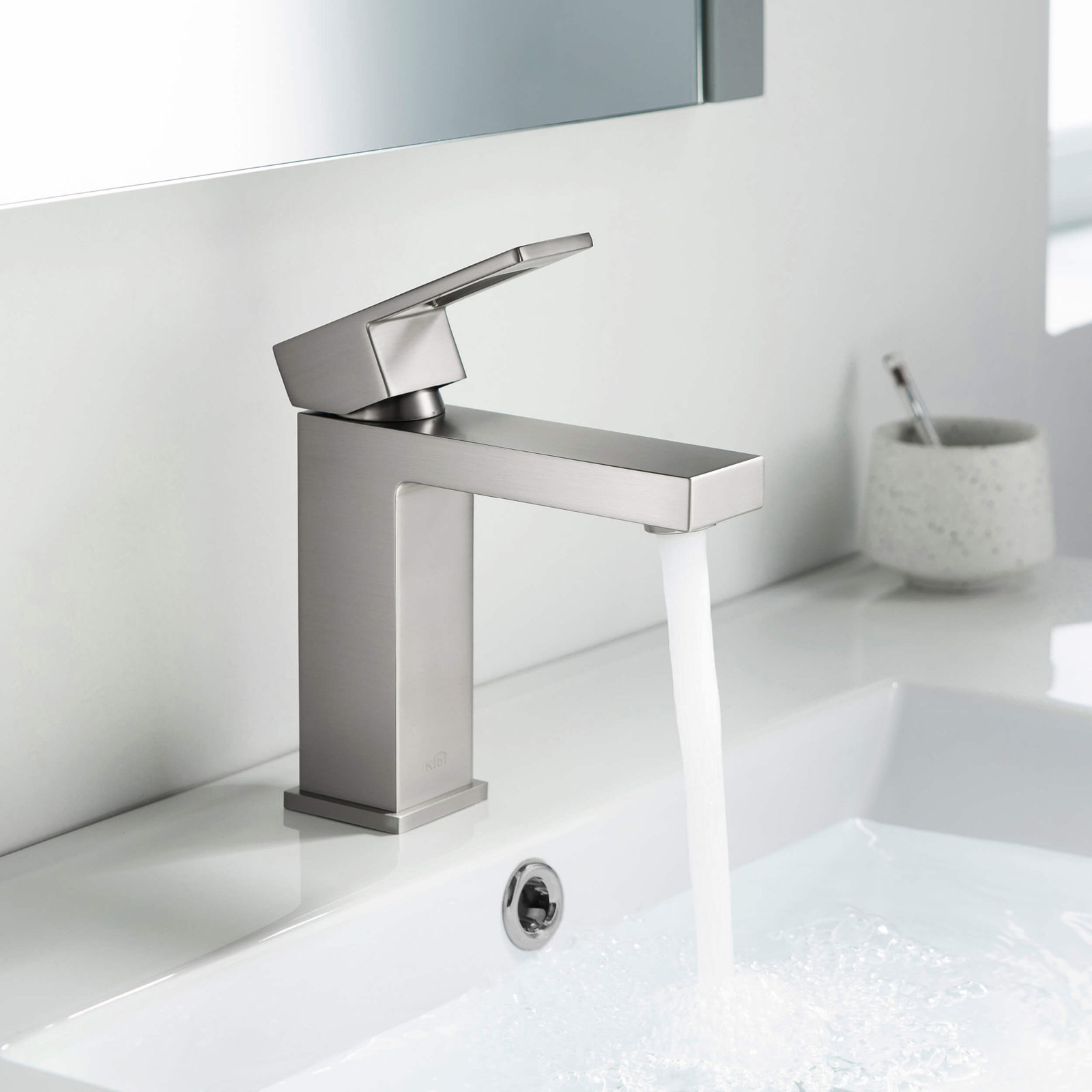Cube Single-Hole Bathroom Faucet, Brushed Nickel, Drain Assembly Included