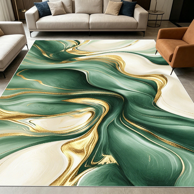 1PC Emerald Green Gold Fluid Marble Abstract area rugs for Living Room, Soft, All seasons, Easy-maintain, Washable Indoor mat, Farmhouse suitable for dining room, bedroom, entryway, kitchen, home office, Home Decor, Outdoor Decor.