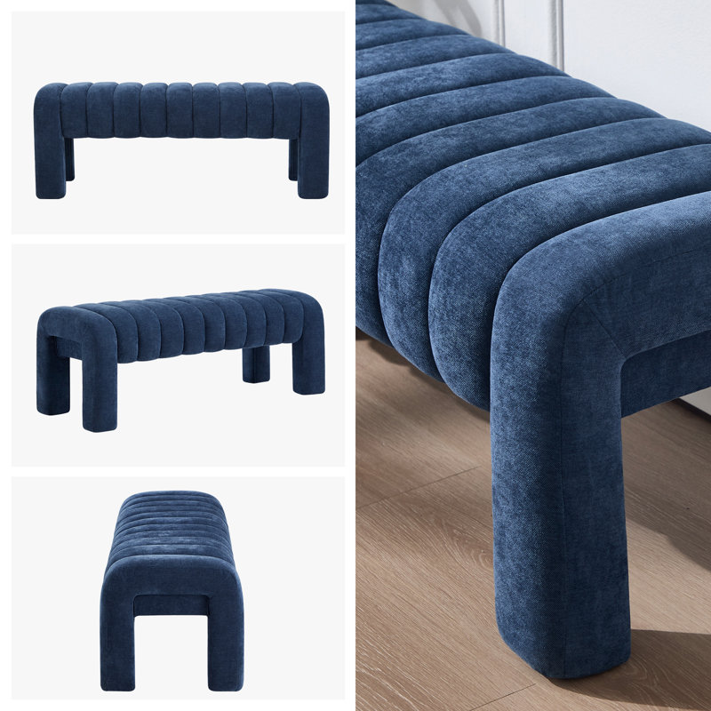 Oyan Modern Channel Tufted Backless Upholstered Bench, 17" H x 43.3" W x 17.3" D, Blue Chenille