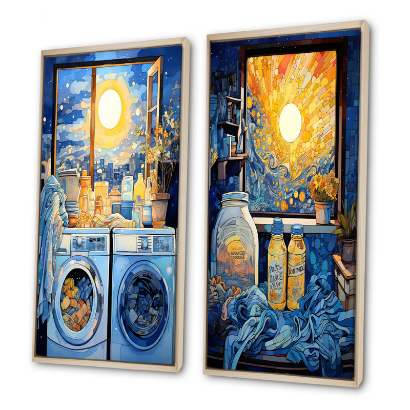 Ensemble de 2 décorations murales bleues et jaunes, H 28 po x l 25 po, Cadre flottant brun