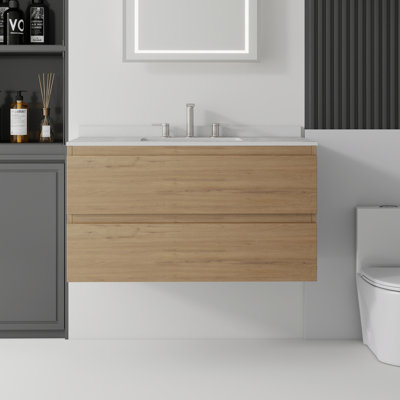 Meuble-lavabo flottant 36 po avec lavabo, porte à fermeture douce, comptoir en granite blanc 0,6 po et dosseret, contreplaqué, chêne