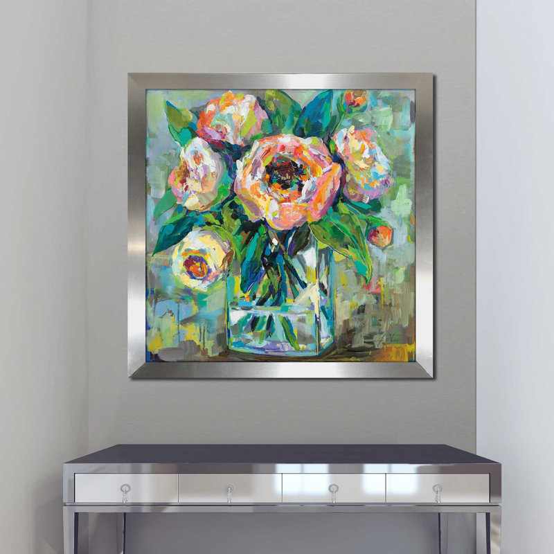 Rose - peinture, Encadrement argenté, H 31,5 po x l 31,5 po x P 1 po