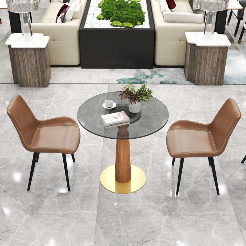 Ensemble de 3 tables de conférence rondes modernes en verre avec 2 chaises en cuir, Brun