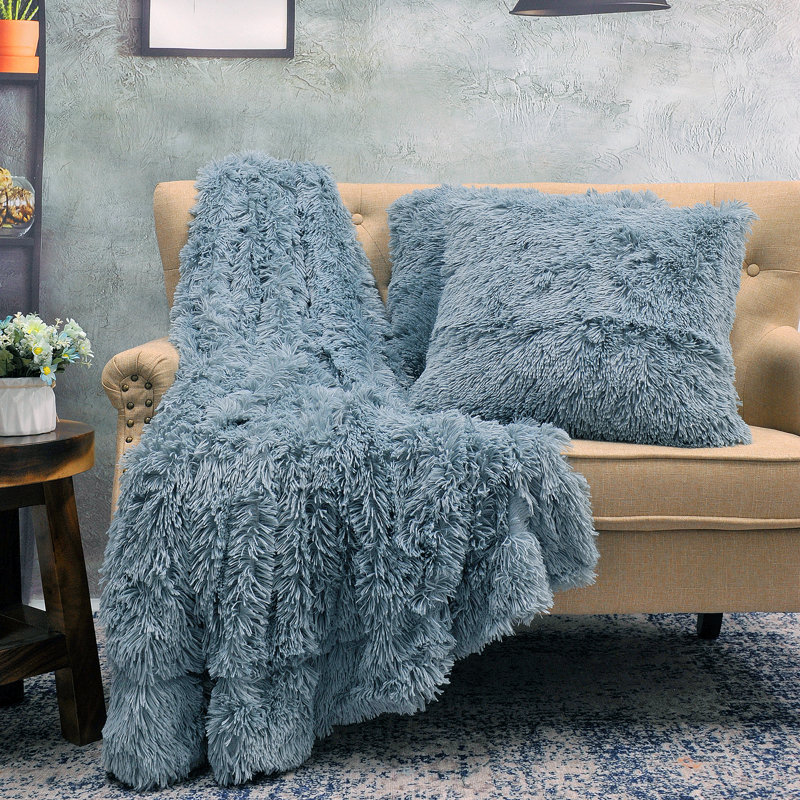 Jeté à poils longs avec 2 housses de coussin, l 60 po x L 80 po, Gris