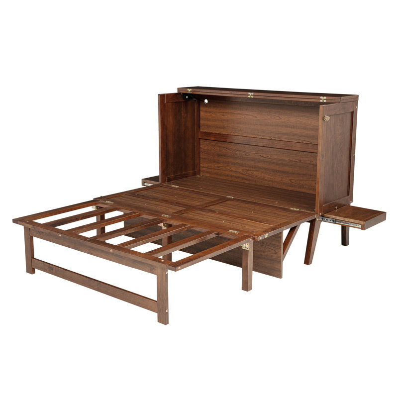 Lit escamotable Benoît avec port USB et tablettes amovibles de chaque côté, Noyer, Grand