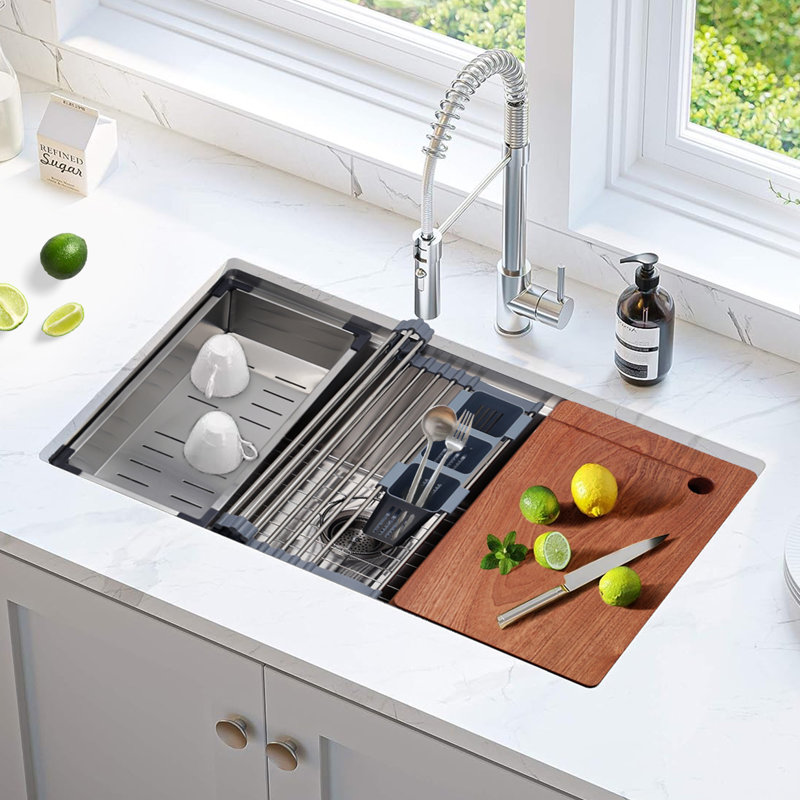32'' L Undermount Single Bowl Stainless Steel Kitchen Sink with Drain, Colander, Cutting Board, Strainer, Grid, Dish-Drying Rack and Utensil Drying Rack