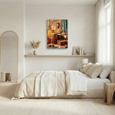 Carved Wooden Drums and Tribal Masks on Woven Mat Canvas Wall Art