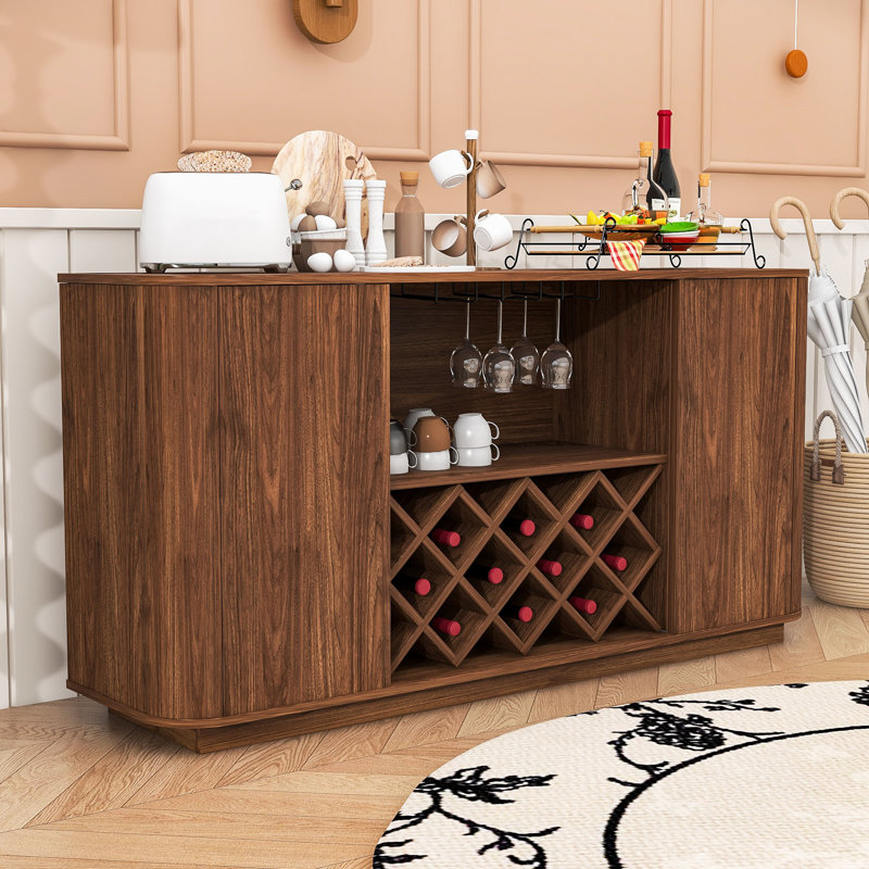 Stylish Wave-Design Sideboard Buffet Cabinet with Wine Rack, Open Storage and Adjustable Shelves