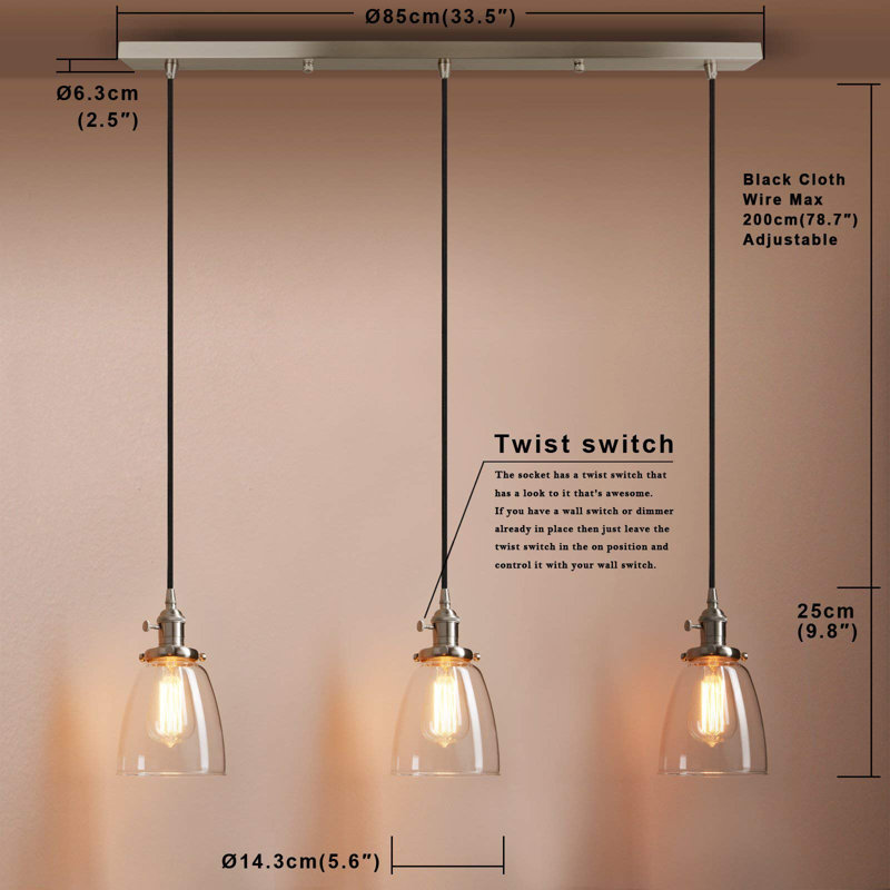 3 - Light Kitchen Island Pendant, Brushed