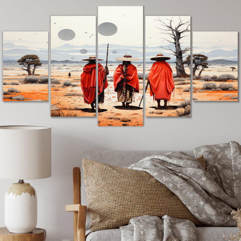 «Western Desert Nomads Pointillism Art», art mural sur toile Western, 5 panneaux
