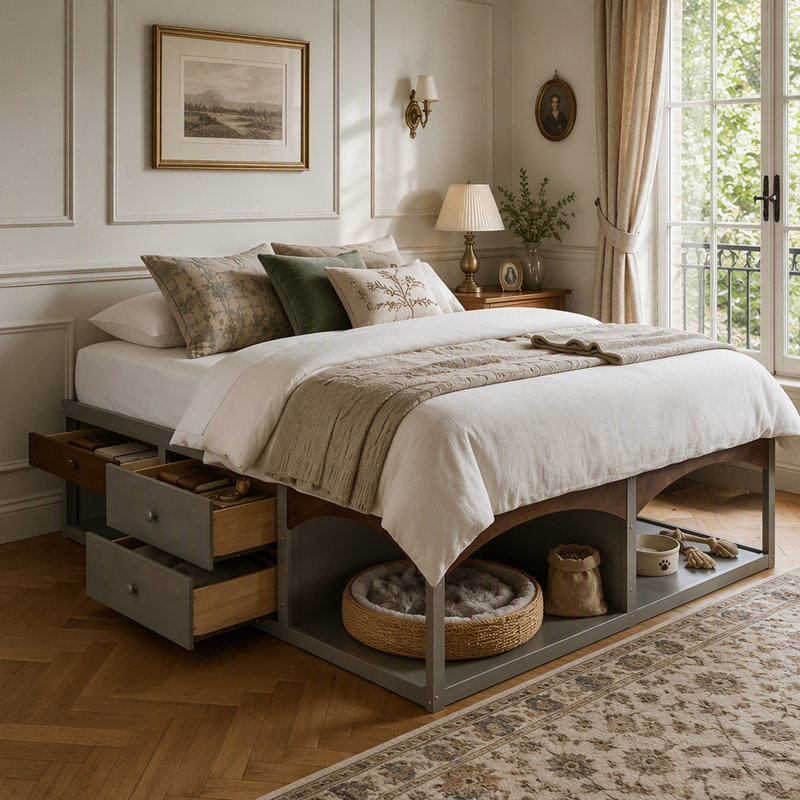 Très grand lit avec tiroirs de rangement, Gris antique