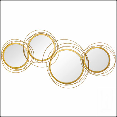 Art mural moderne en métal avec miroirs réfléchissants et cercles dorés, idéal pour rehausser la décoration intérieure et éclairer les espaces