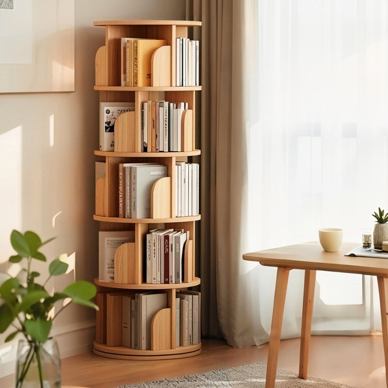 Bibliothèque ronde rotative à 5 niveaux à 360 degrés avec base stable, conception à chicane et rangement facile d'accès pour les petits espaces de bureau